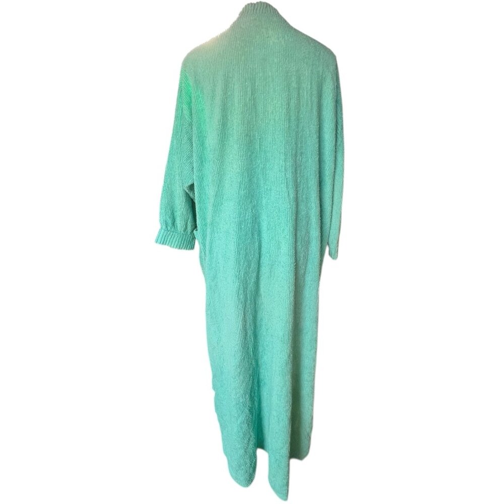 Chenille Button-Front Housecoat 1X Aqua Blue Long Sleeves Dual Pockets VTG READ - Picture 3 of 10